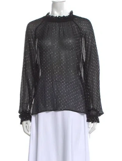 Pre-owned Ronny Kobo Polka Dot Print Mock Neck Blouse In Black