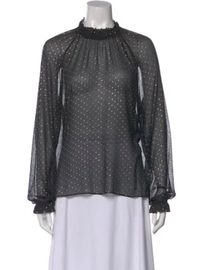 Pre-owned Ronny Kobo Polka Dot Print Mock Neck Blouse In Black