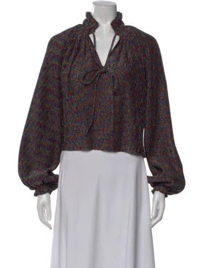 Pre-owned Ronny Kobo Printed Tie Neck Top In Blue