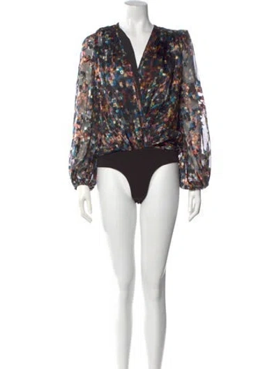 Pre-owned Ronny Kobo Printed V-neck Bodysuit In Black
