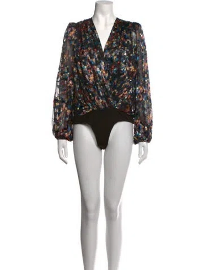 Pre-owned Ronny Kobo Printed V-neck Bodysuit In Black