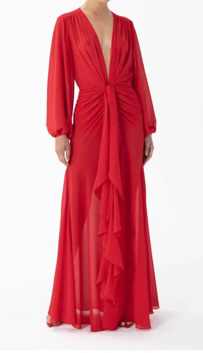Ronny Kobo Quinne Draped Plunging Chiffon Gown In Red