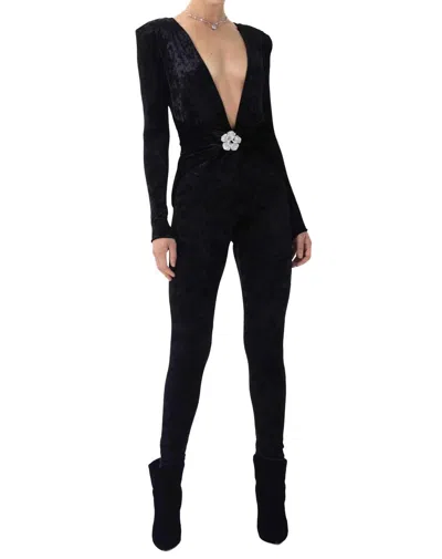 Ronny Kobo Rhoades Jumpsuit With Crystal Brooch Detail In Jet Black