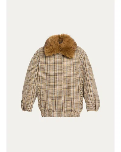 Ronny Kobo Savannah Tweed Faux Fur Collar Jacket In Brown
