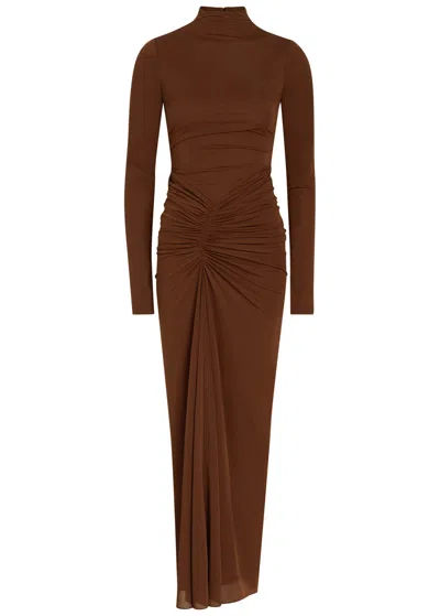Ronny Kobo Scorpio Ruched Tissue Jersey Maxi Dress In Brown