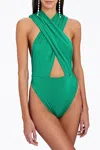 Ronny Kobo Tara Cross-front Slinky Jersey Bodysuit In Poison Green In Green