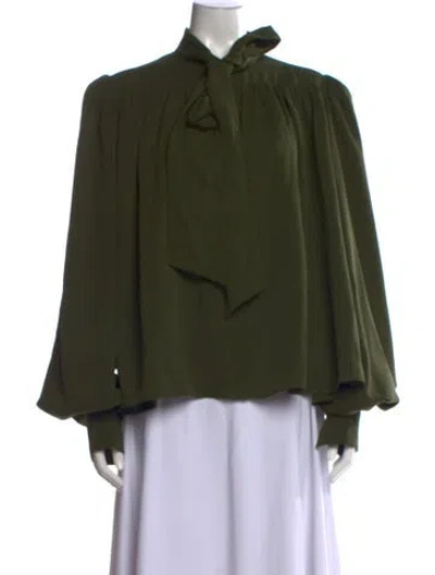 Pre-owned Ronny Kobo Tie Neck Long Sleeve Blouse In Green