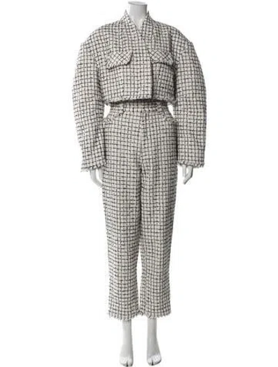 Pre-owned Ronny Kobo Tweed Pattern Fringe Trim Accent Pantsuit In Neutral