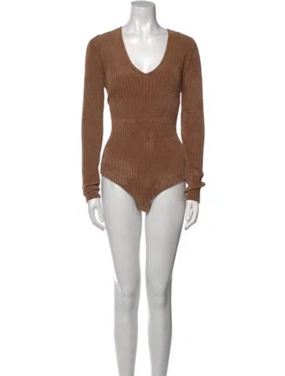 Pre-owned Ronny Kobo V-neck Long Sleeve Bodysuit In Brown