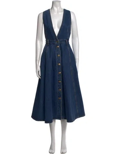 Pre-owned Ronny Kobo V-neck Midi Length Dress In Blue