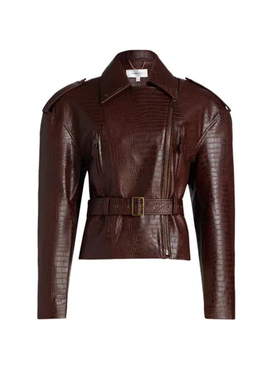 Ronny Kobo Lilou Belted Croc-effect Jacket In Brown