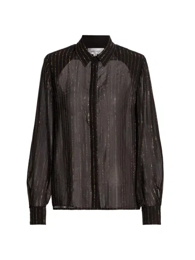 Ronny Kobo Women's Lune Crystal-pinstriped Semi-sheer Blouse In Black