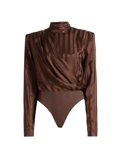 Ronny Kobo Women's Poppins Striped Satin Draped Bodysuit In Brown
