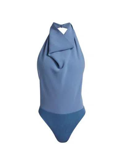 Ronny Kobo Women's Sheena Cowl Halterneck Open Back Bodysuit In Blue