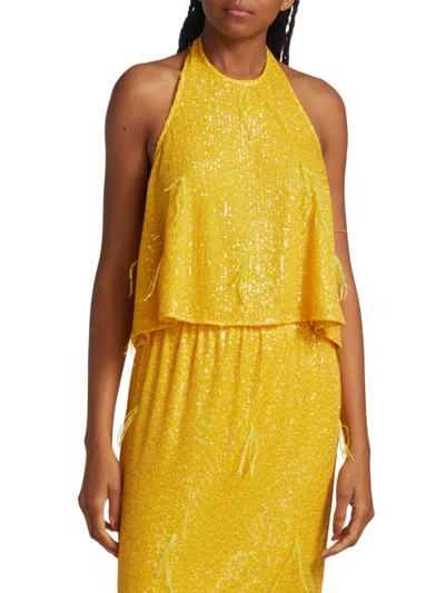 Ronny Kobo Women's Tella Sequin & Feather Halter Top In Sunshine Yellow