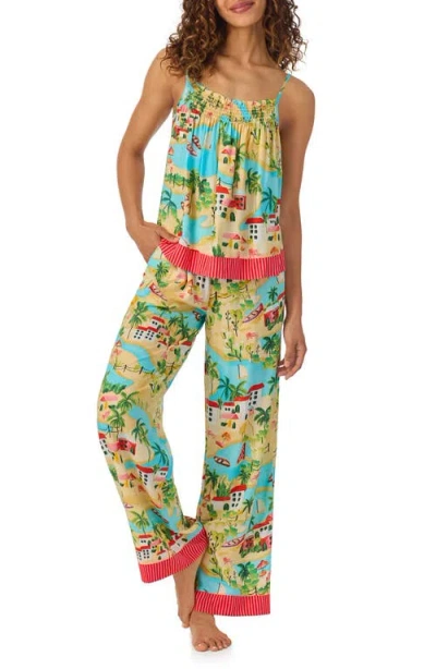 Room Service Pjs Print Long Pajamas In Turquoise Multi