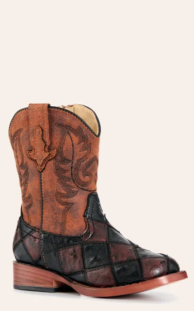 Roper Babies' Bird Blocks Toddler Burgundy & Black Faux Ostrich Cowboy Boots In Brown