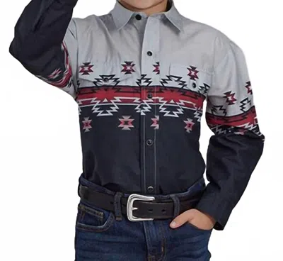 Roper Kids' Boy's Long Sleeve Ombre Aztec Snap Shirt In Pattern In Blue