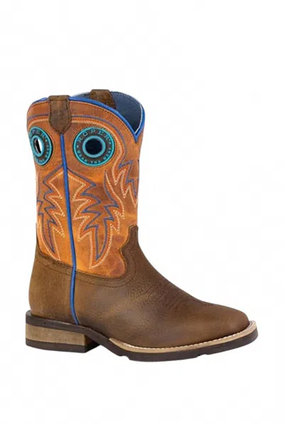 Roper Kids' Boys Youth Steer Hide Geo Sole Cowboy Boot In Brown/orange In Multi