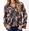 Roper Coral Floral Peasant Blouse In Grey/multi In Black