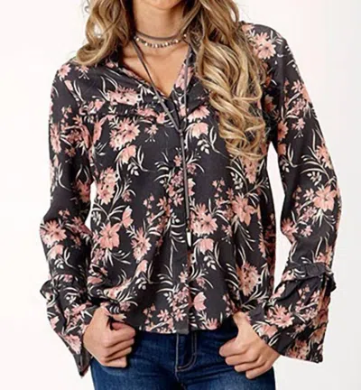 Roper Coral Floral Peasant Blouse In Grey/multi