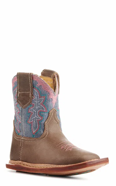 Roper Cowbabies Bella Oiled Brown & Denim Square Toe Cowboy Boots In Multi