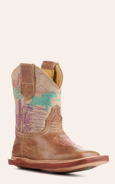 Roper Cowbabies Burnished Brown And Cream Running Free Embroidery Square Toe Cowboy Boots