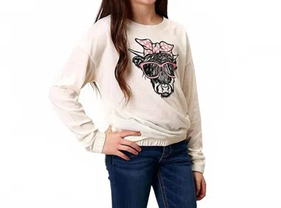 Roper Kids' Girl's Long Sleeve Highland Cow Shirt In White In Neutral