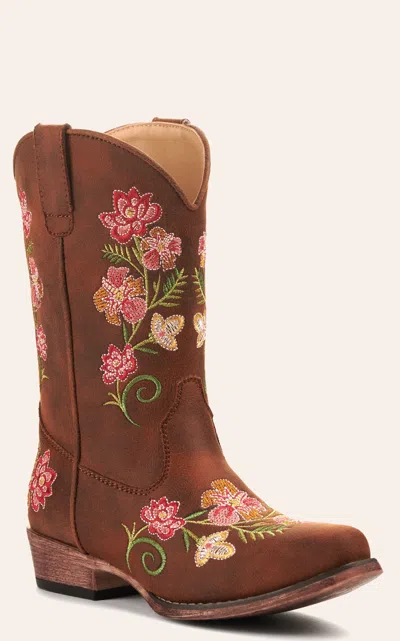 Roper Girls' Brown With Floral Embroidery Snip Toe Cowboy Boot