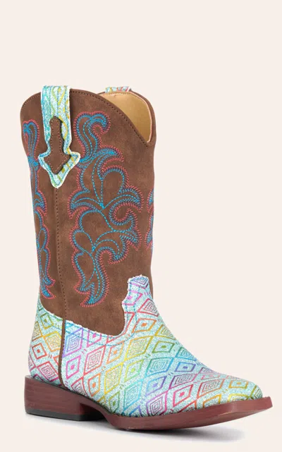 Roper Girls' Maya Multi-color Glitter And Brown Square Toe Cowboy Boots