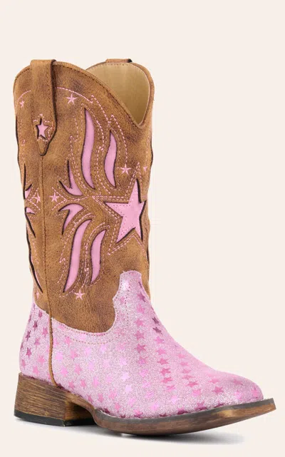 Roper Girls' Pink Glitter And Brown Starlet Leather Tall Square Toe Cowboy Boots In Multi