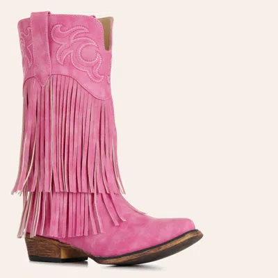 Roper Girls' Rickrack Pink Faux Leather Fringe Snip Toe Cowboy Boots