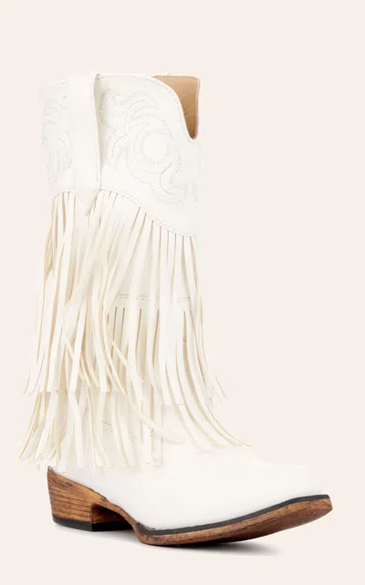 Roper Girls Rickrack White Faux Leather Fringe Snip Toe Cowboy Boots In Neutral
