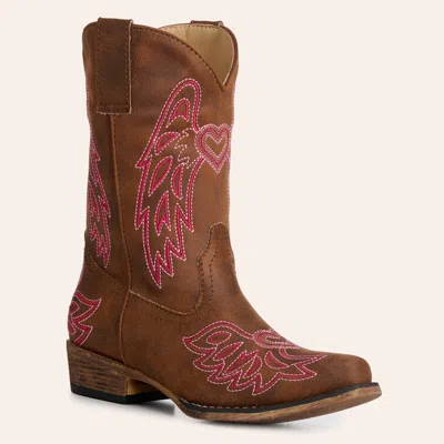 Roper Girls' Riley Wings Brown & Pink Faux Leather Snip Toe Cowboy Boots
