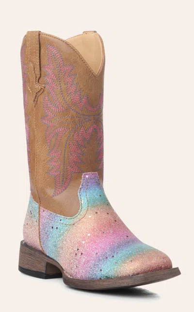 Roper Girls' Tan And Rainbow Glitter Square Toe Cowboy Boots In Brown