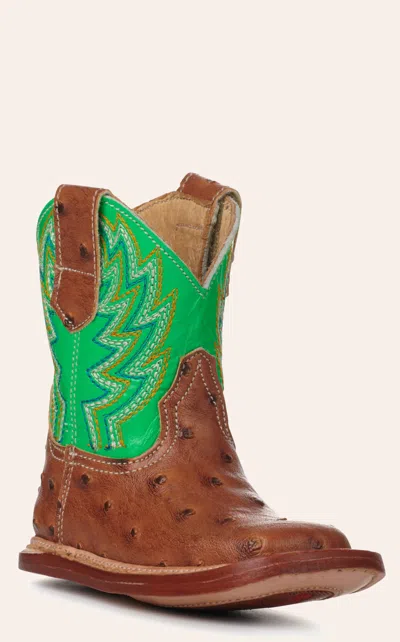 Roper Babies' Infant Buddy Neon Green And Cognac Ostrich Print Square Toe Cowboy Boots In Brown