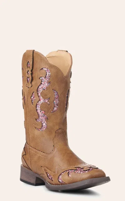 Roper Kid's Gypsy Tan With Pink Glitter Inlay Square Toe Cowboy Boots In Brown