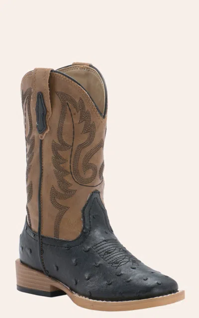 Roper Kids Black Ostrich Print With Tan Square Toe Cowboy Boot