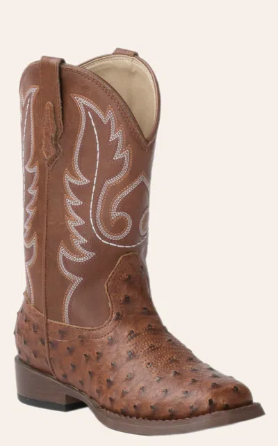 Roper Kids Brown Ostrich Print Square Toe Cowboy Boots