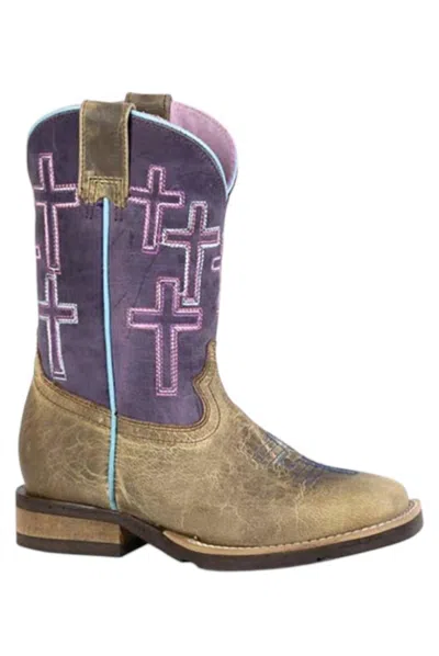 Roper Kids Crosses Geo Sole Square Toe Cowgirl Boot In Distressed Tan/purple In Brown