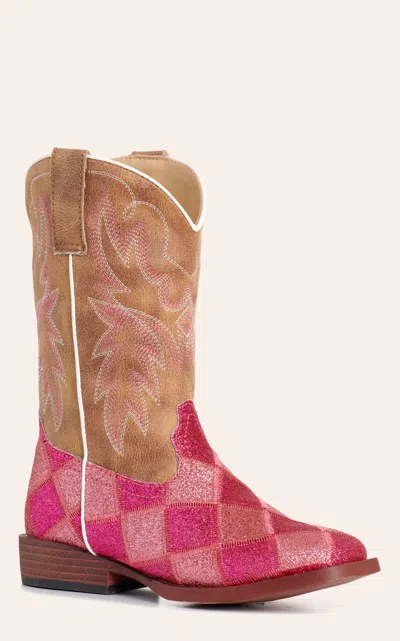 Roper Kids' Pink Checkered & Brown Faux Leather Square Toe Cowboy Boots In Multi