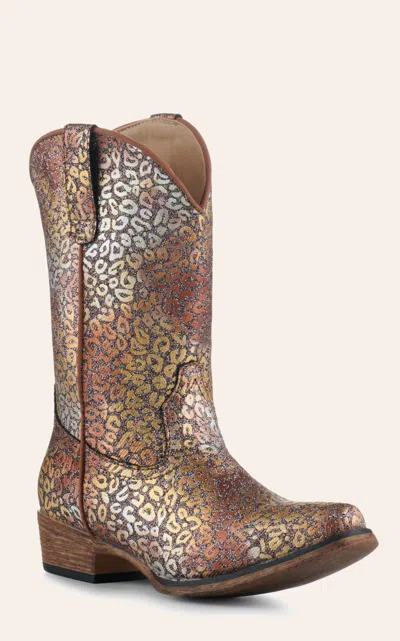 Roper Kids Riley Multi-colored Leopard With Glitter Snip Toe Cowboy Boots In Brown