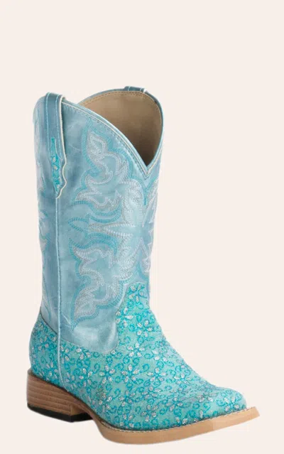 Roper Kids Turquoise Floral Glitter With Blue Ice Square Toe Cowboy Boots
