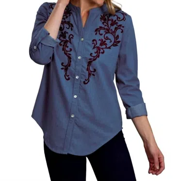 Roper Ladies Embroidered Denim Blouse In Med Blue