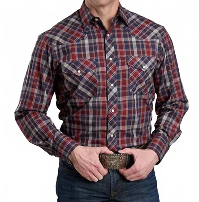 Roper Men's Button Down Plaid Long Sleeve Shirt In Navy/wine/tan In Blue