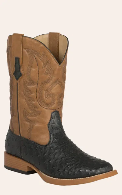Roper Men's Faux Leather Ostrich Black & Tan Square Toe Cowboy Boots