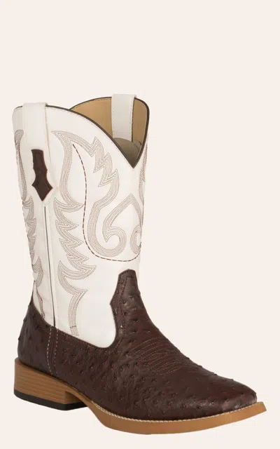 Roper Men's Faux Leather Ostrich Brown & White Square Toe Cowboy Boots
