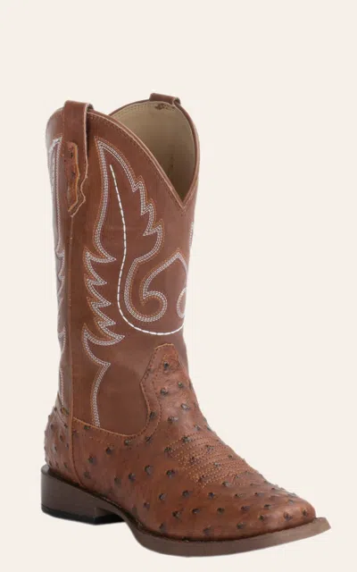 Roper Men's Faux Leather Tan Ostrich Wide Square Toe Cowboy Boots In Brown