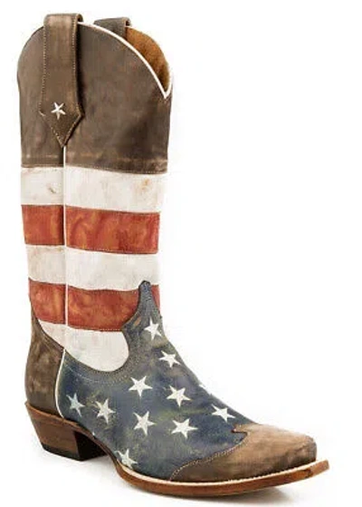 Pre-owned Roper Mens Americana Brown American Flag Snip Toe Leather Cowboy Boots