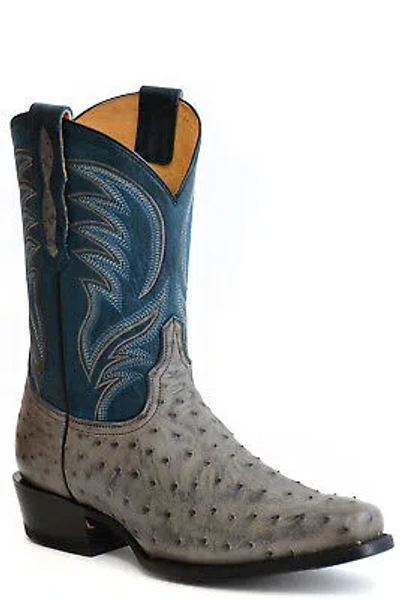 Pre-owned Roper Mens Oliver Ostrich Dark Blue/gray Full Quill Ostrich Cowboy Boots